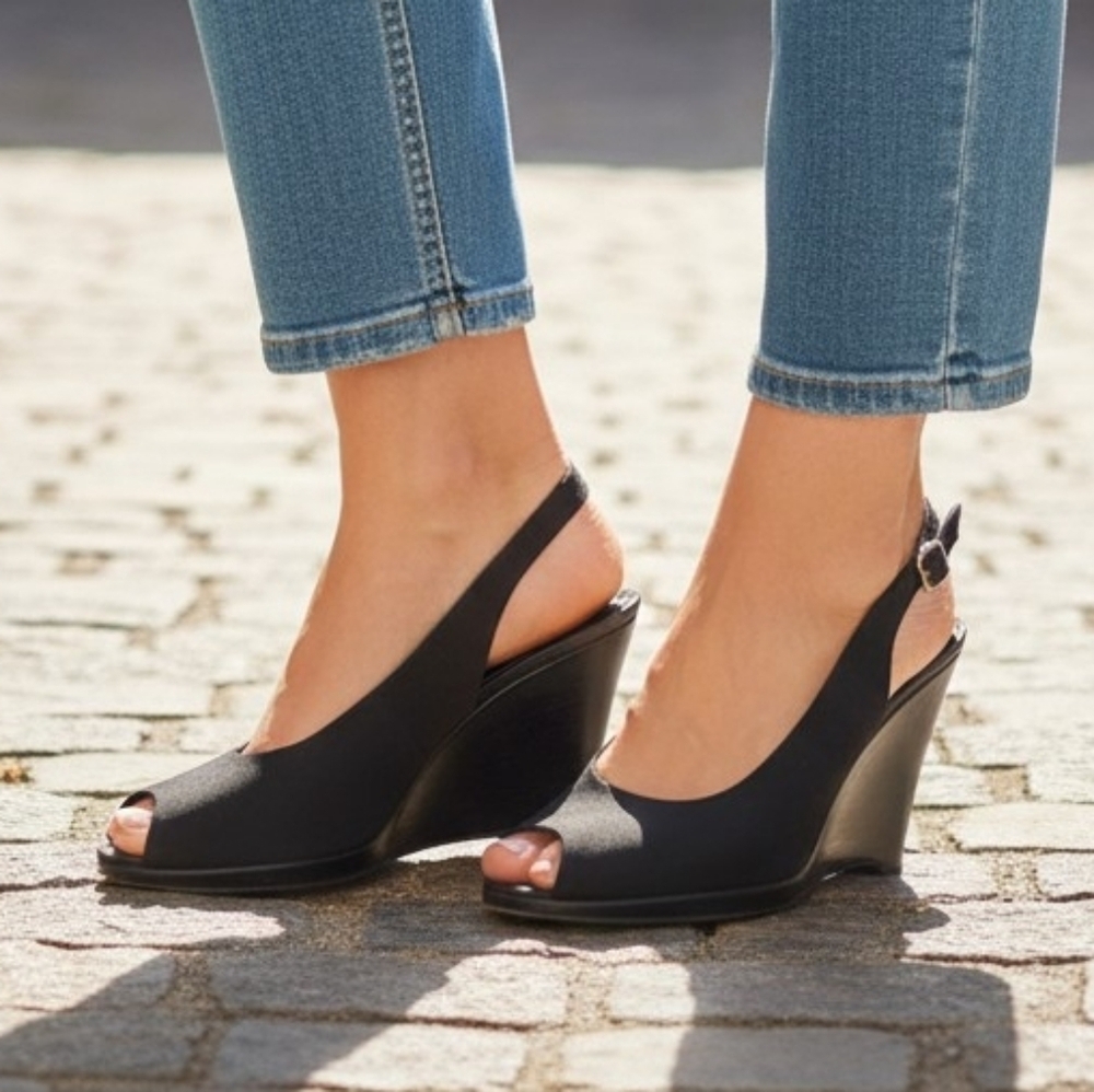 Donald J. Pliner Black Wedge Peep Toe Heel Slingback Shoes